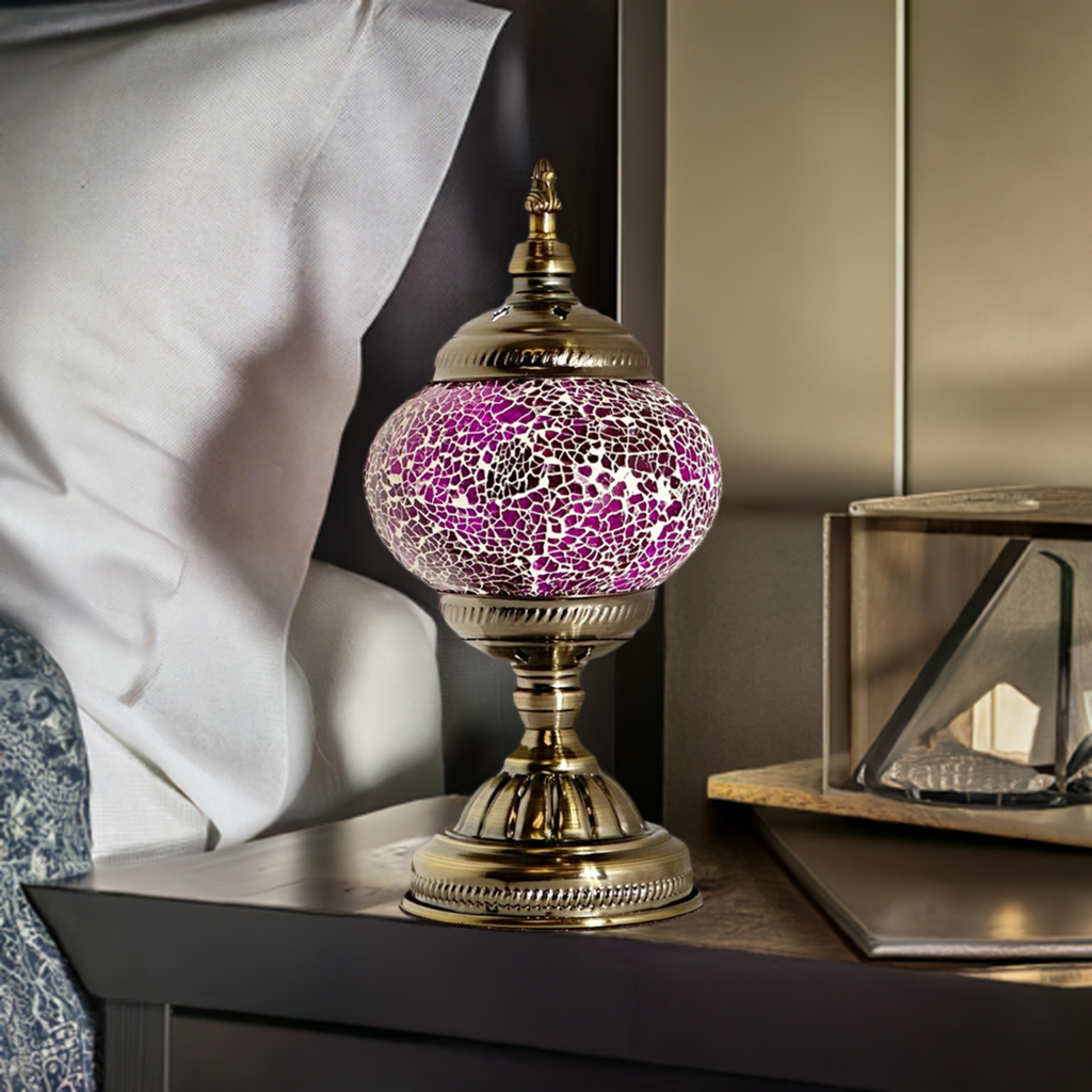 Amethyst Hues mosaic glass table lamp — lit on a side table