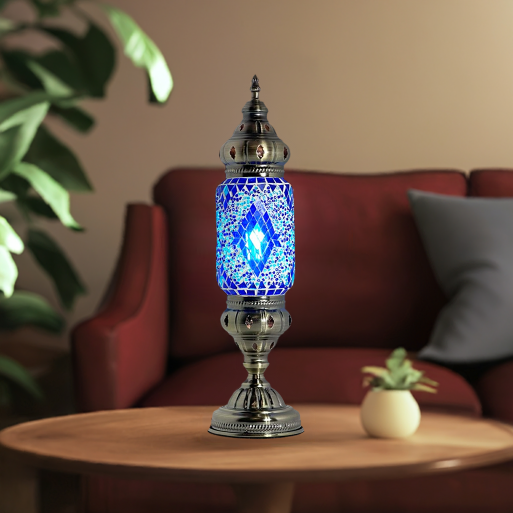 Turkish Blue Diamond Lamp mosaic glass table lamp — glowing in a styled room
