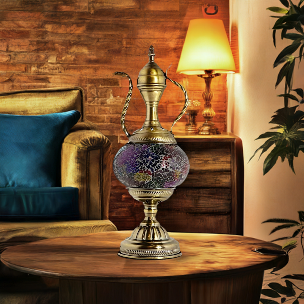 Diverse Colors Turkish Mosaic Lamp with Pitcher Silhouette mosaic glass table lamp — on a nightstand
