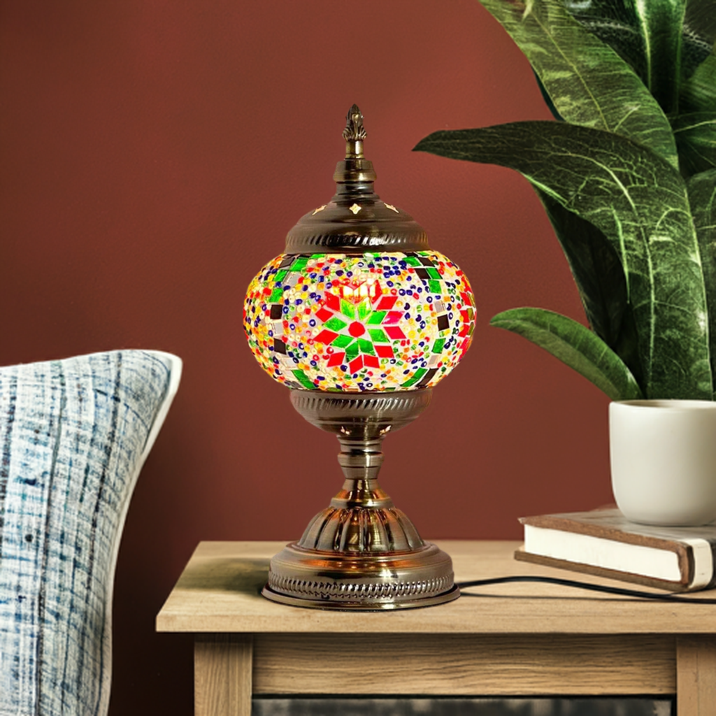 Rainbow Blaze mosaic glass table lamp — glowing in a styled room