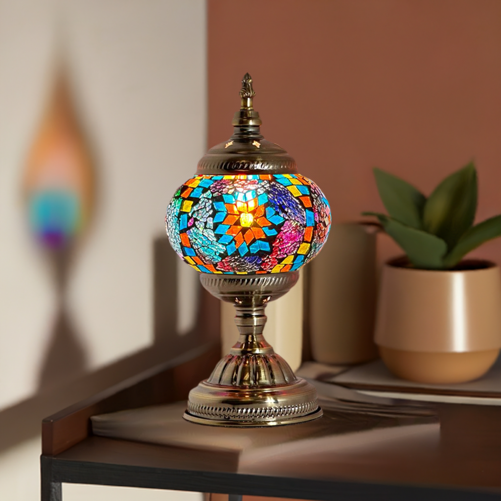 Azure Rainbow mosaic glass table lamp — on a nightstand