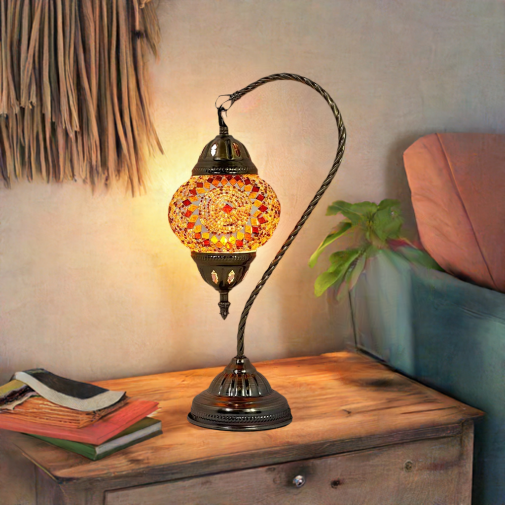 Marrakech Nights mosaic glass table lamp — glowing in a styled room