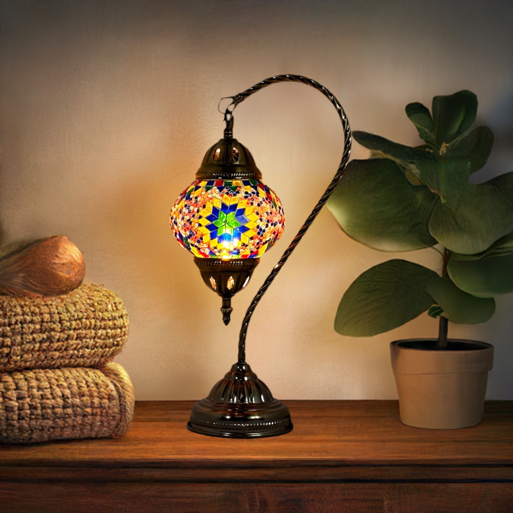 Sunbeam Glow: Yellow Turkish Lamp with Moroccan-Inspired Swan Neck Design