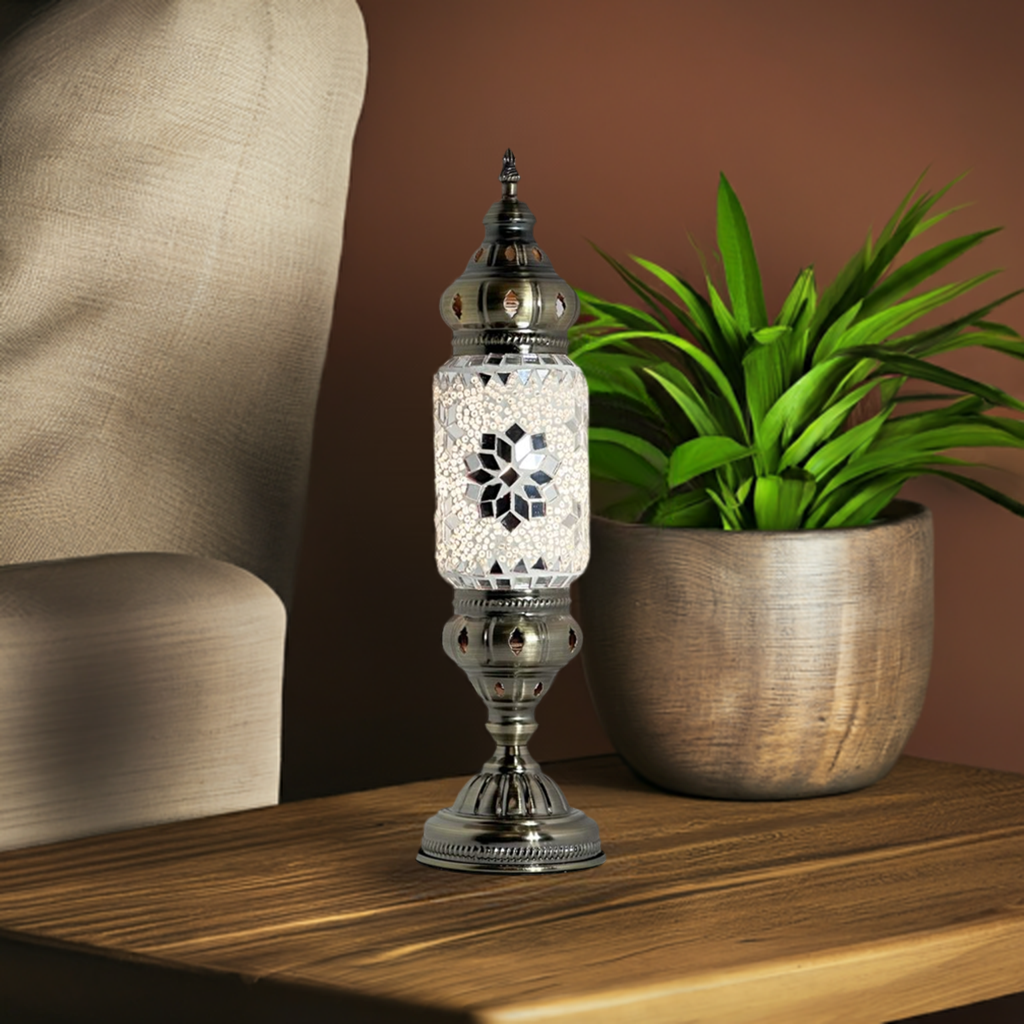 Ivory Elegance mosaic glass table lamp — glowing in a styled room