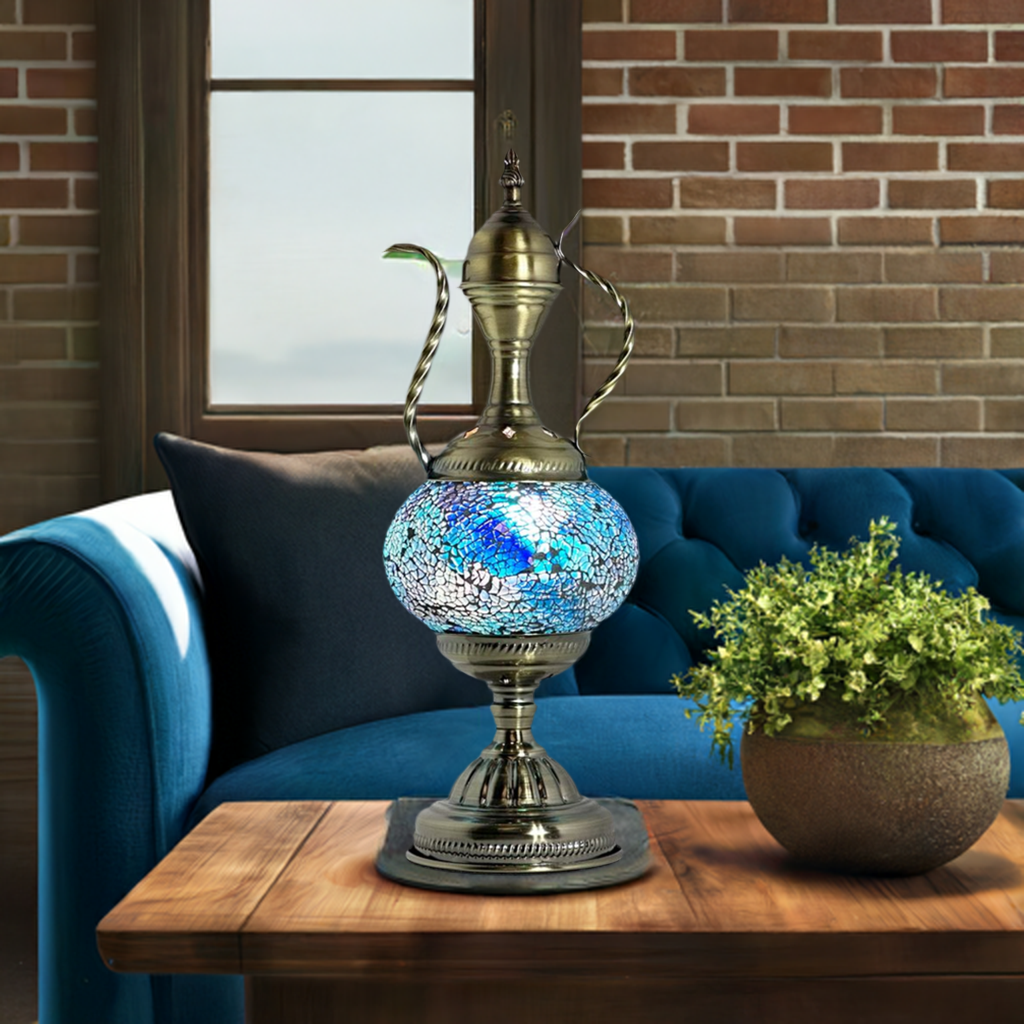 Unique Blue Turkish Mosaic Lamp with Pitcher Motif mosaic glass table lamp — glowing in a styled room