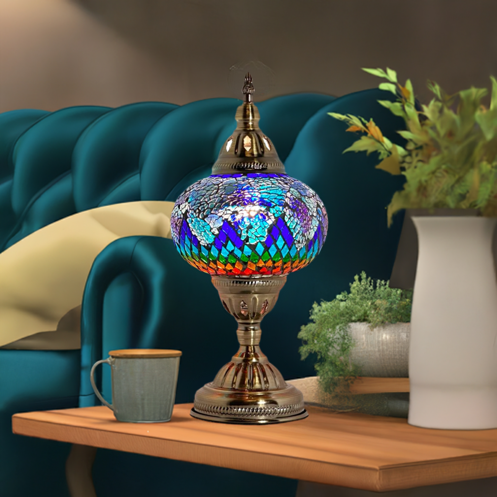 Vintage Atlantis Rainbow Mosaic Glass Lamp mosaic glass table lamp — glowing in a styled room