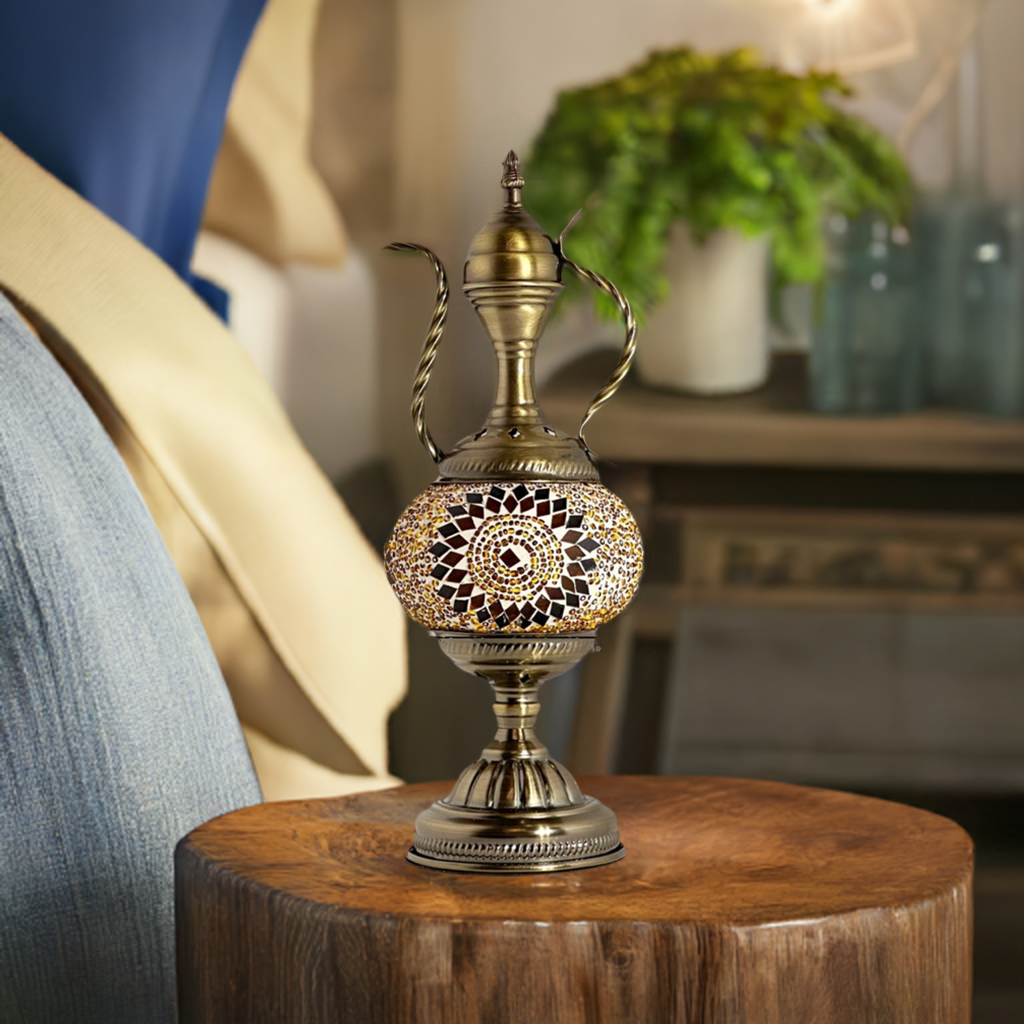 Tangerine Dreams mosaic glass table lamp — on a nightstand
