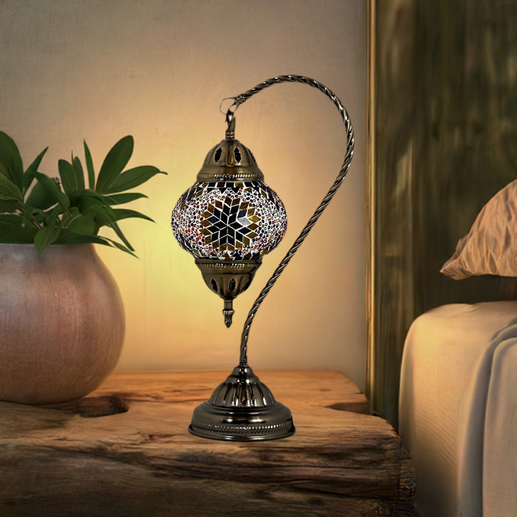 Sunbeam Glow mosaic glass table lamp — on a nightstand