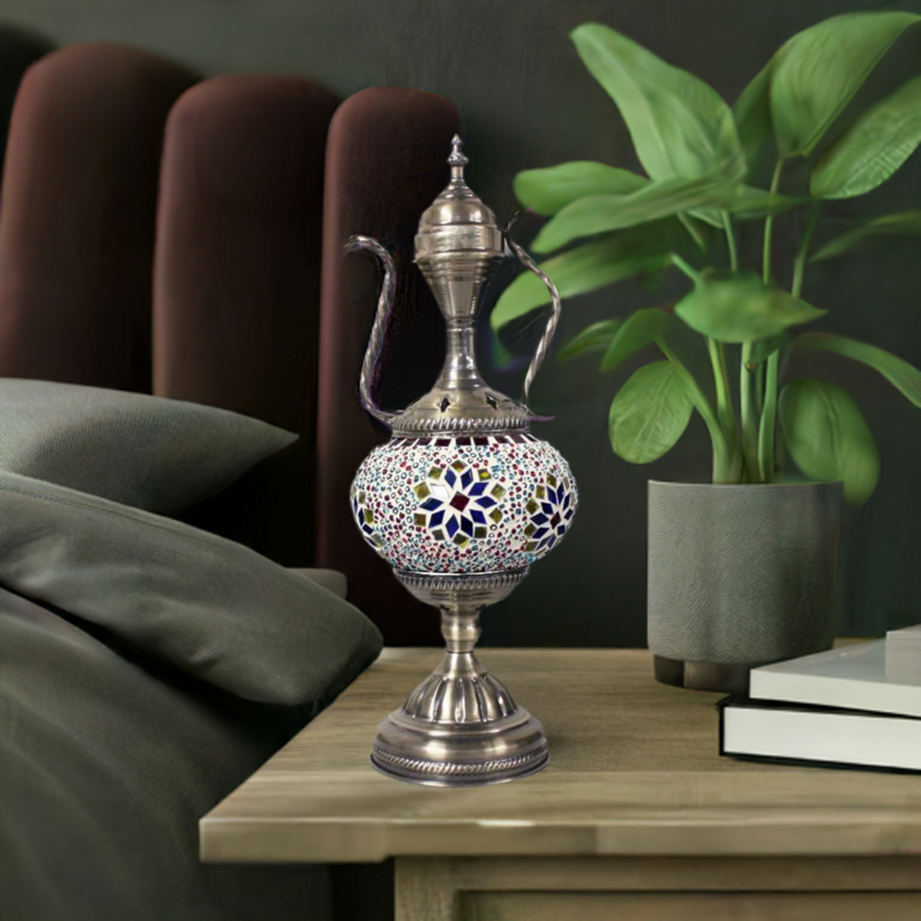 Vivid Red Turkish Lamp with Colorful Flowers and Teapot Motif mosaic glass table lamp — on a nightstand
