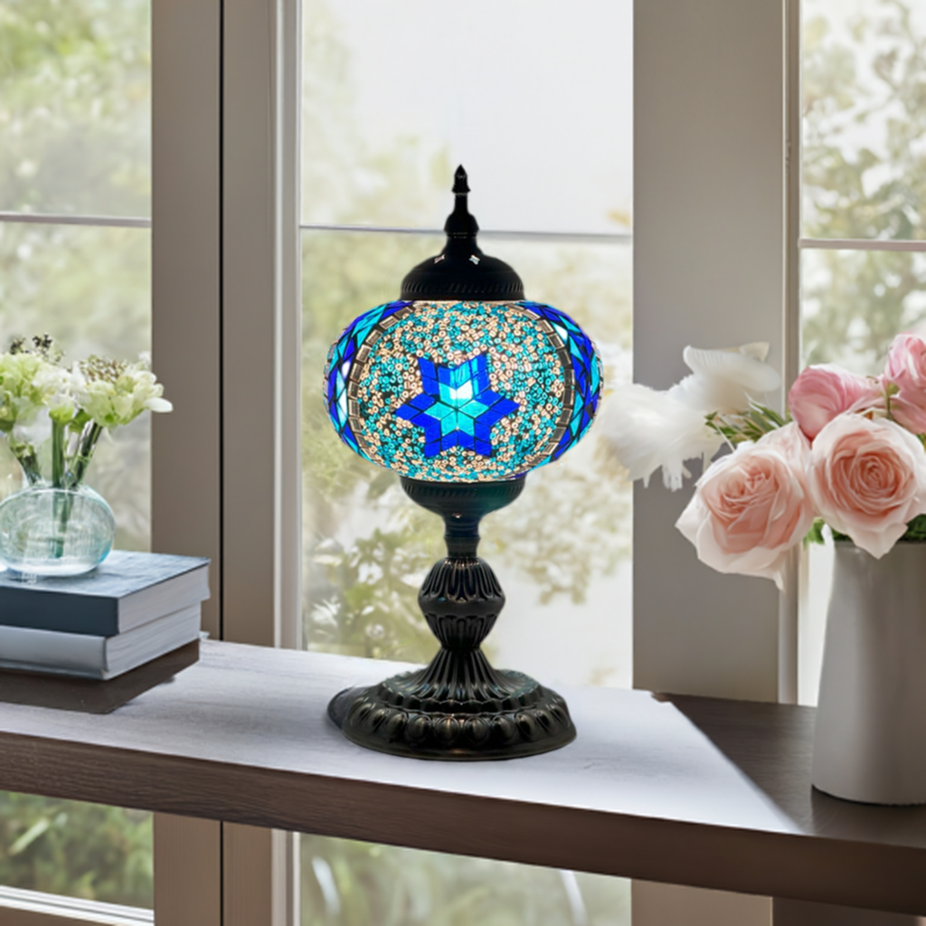 Traditional Blue Star Mosaic Turkish Table Lamp mosaic glass table lamp — on a nightstand