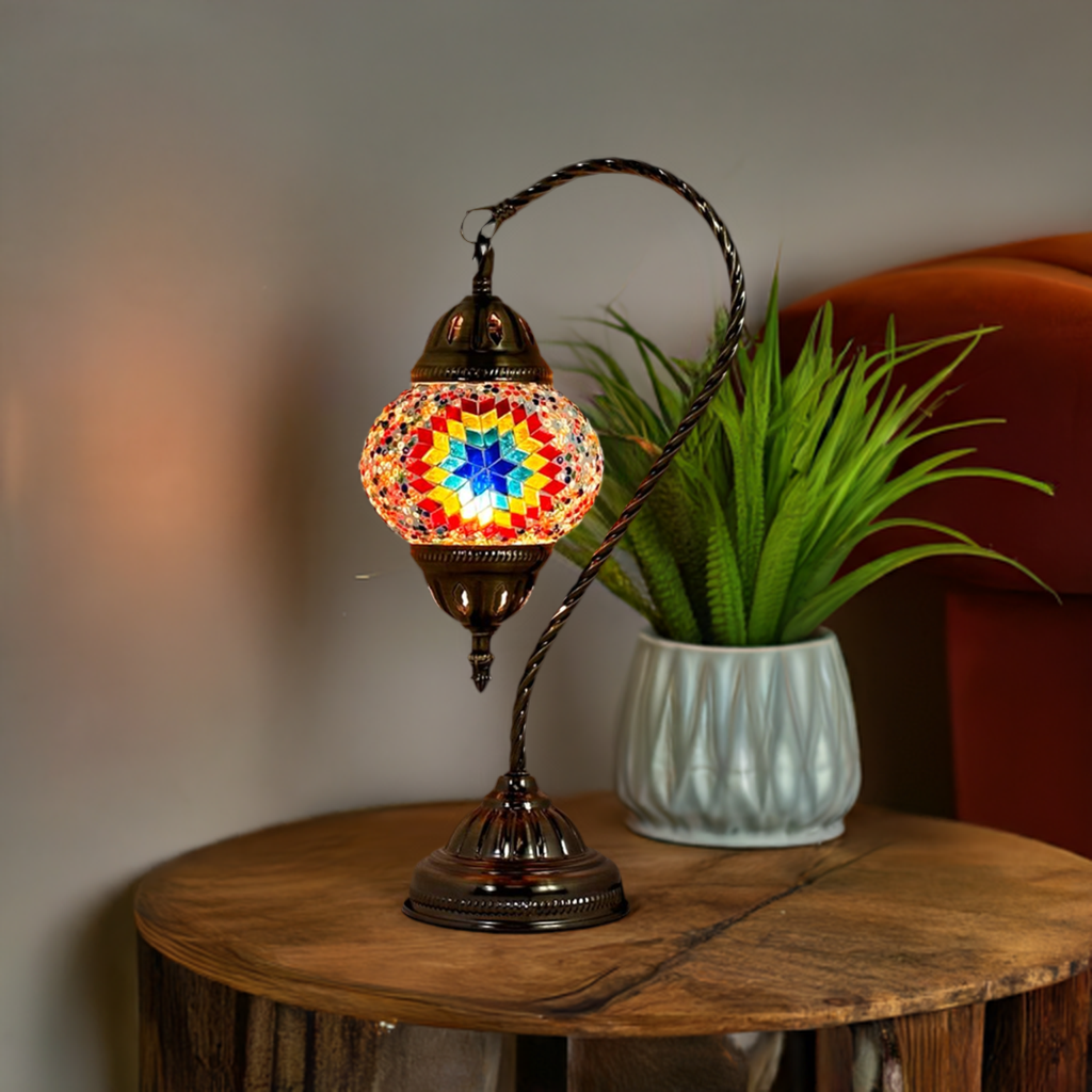 Vintage Mosaic Charm: Multicolor Turkish Lamp with Swan Neck