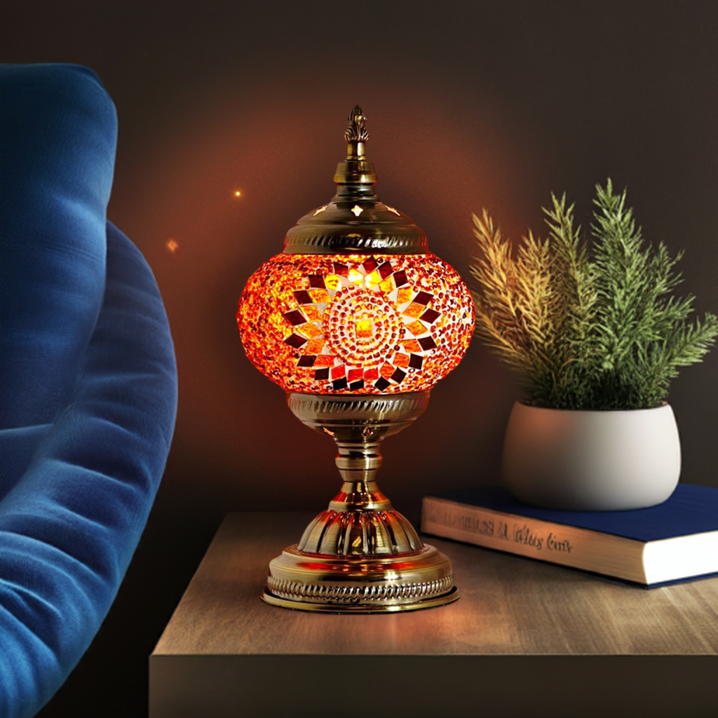Sunset Glow mosaic glass table lamp — glowing in a styled room