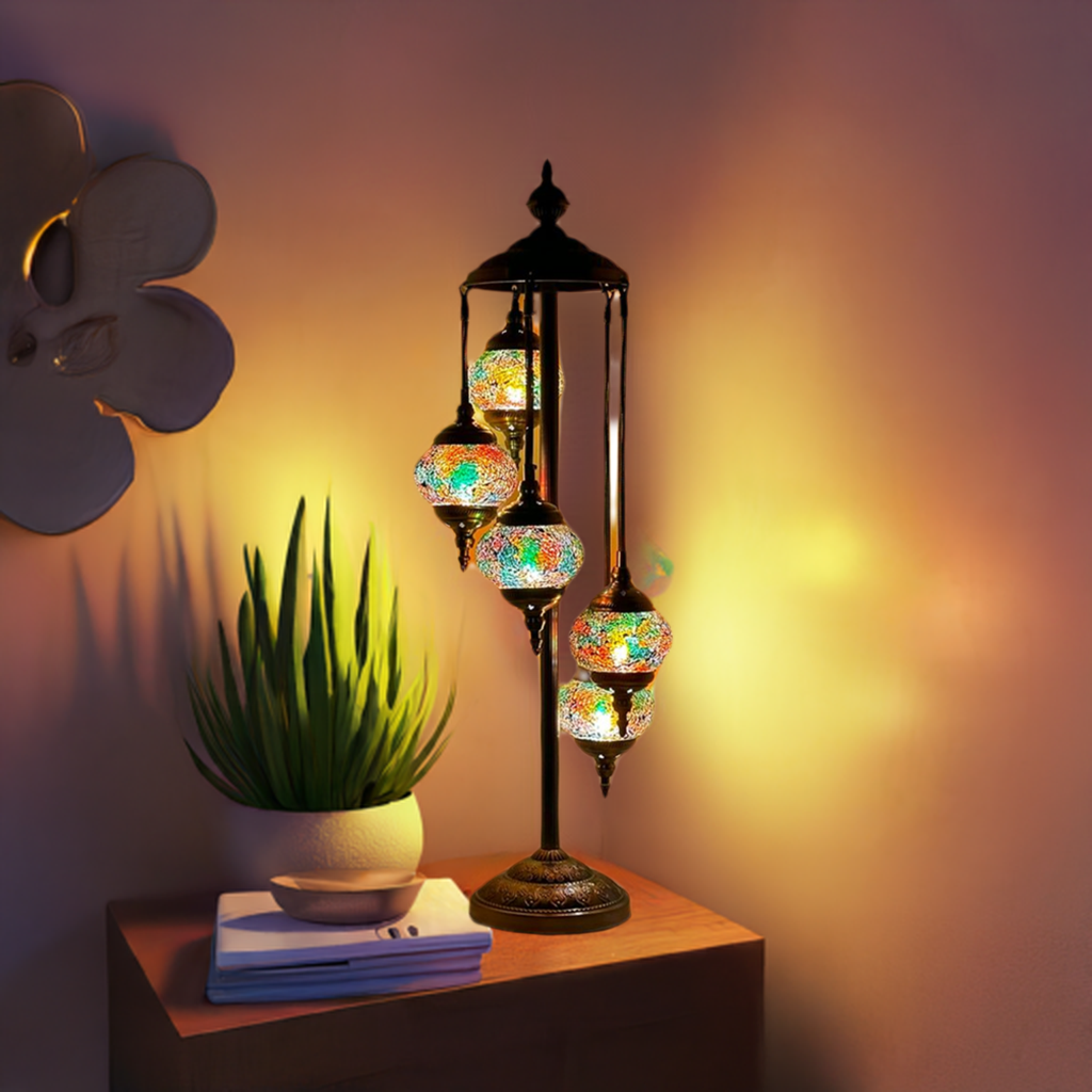Emerald Glow Turkish Mosaic Lamp with Quintuple Globes mosaic glass table lamp — handmade craftsmanship