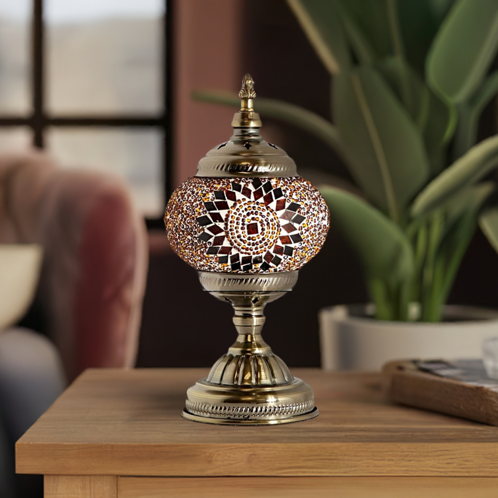 Sunset Glow mosaic glass table lamp — on a nightstand