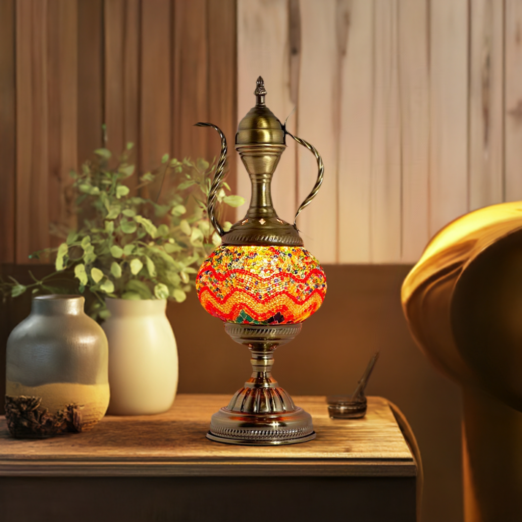 Orange Vintage Lamps with Mosaic Pitcher Style mosaic glass table lamp — glowing in a styled room