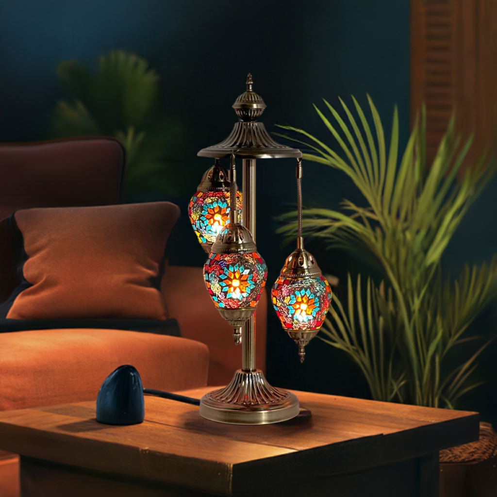 Coral Reef Elegance mosaic glass table lamp — glowing in a styled room