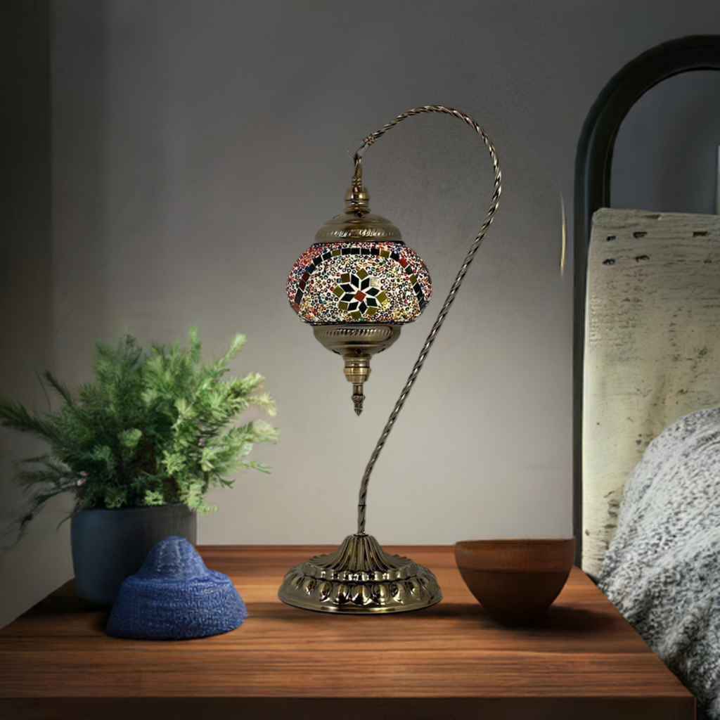 Goose Neck Mosaic Lamp with Colorful Flower Design mosaic glass table lamp — on a nightstand