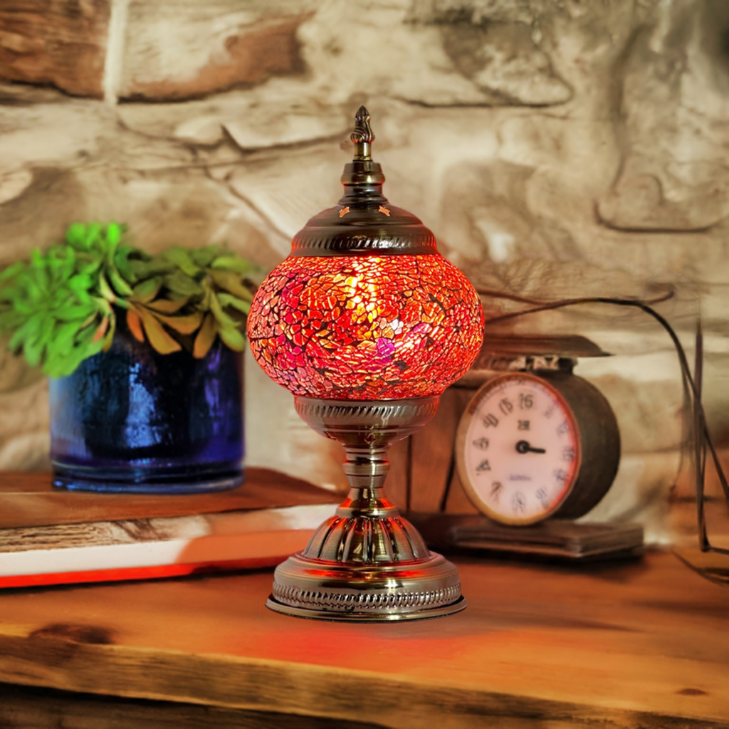 Ruby Radiance mosaic glass table lamp — glowing in a styled room