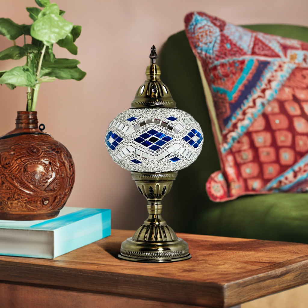 Icy Elegance mosaic glass table lamp — on a nightstand