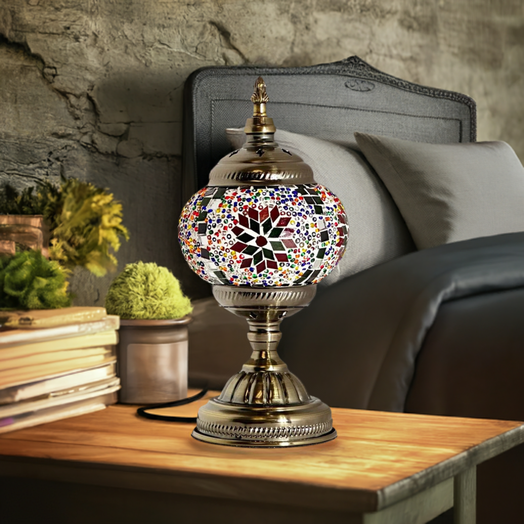 Rainbow Blaze mosaic glass table lamp — on a nightstand