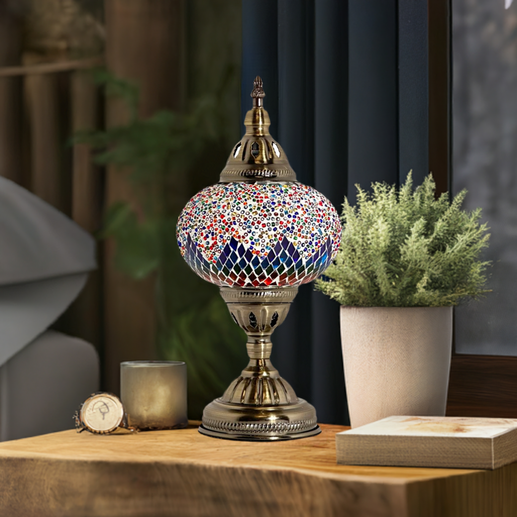 Spectrum Harmony mosaic glass table lamp — on a nightstand