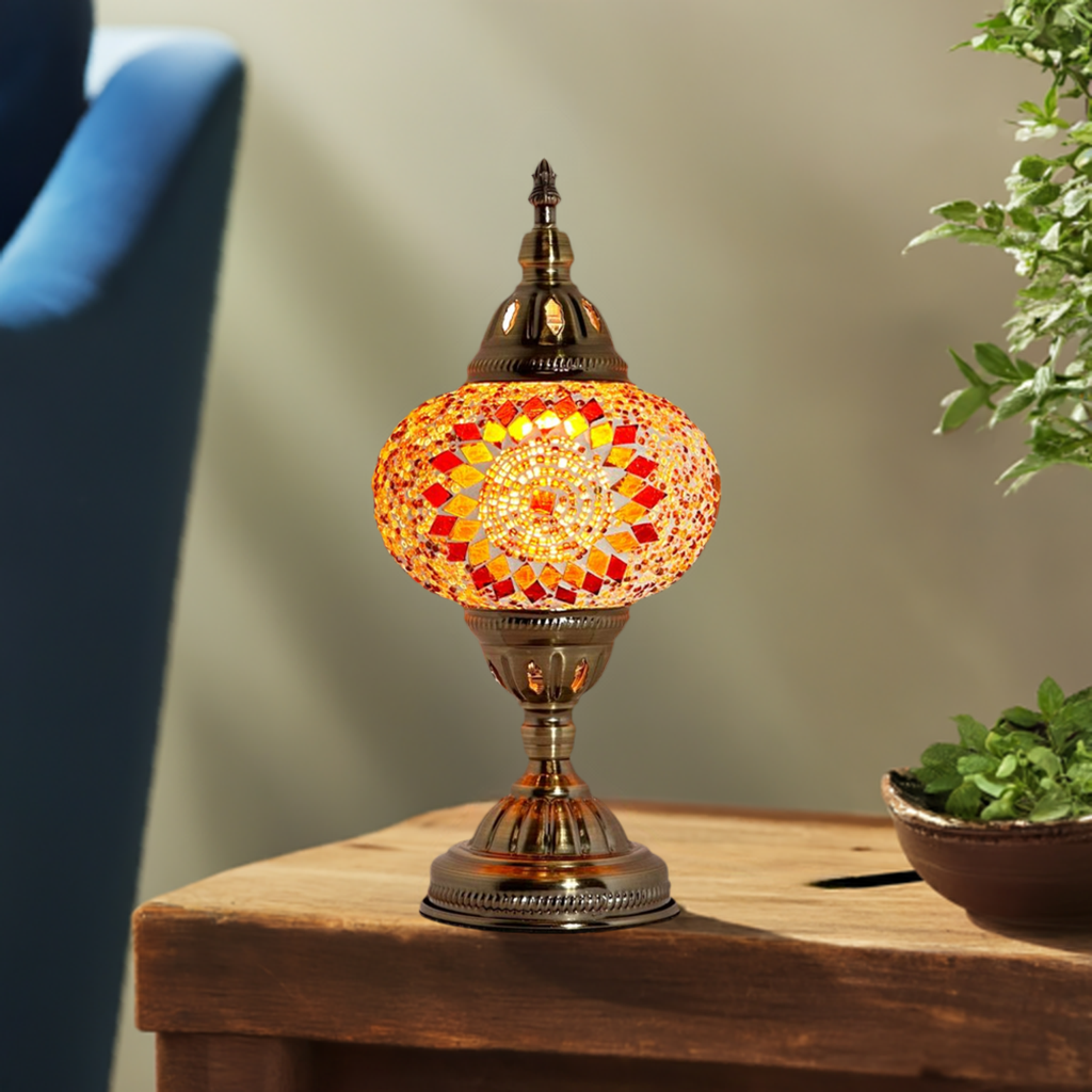 Retro Elegance mosaic glass table lamp — glowing in a styled room