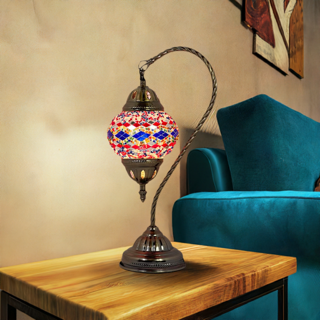 Turkish Lamp with Blue & Red Diamond Patterns mosaic glass table lamp — glowing in a styled room