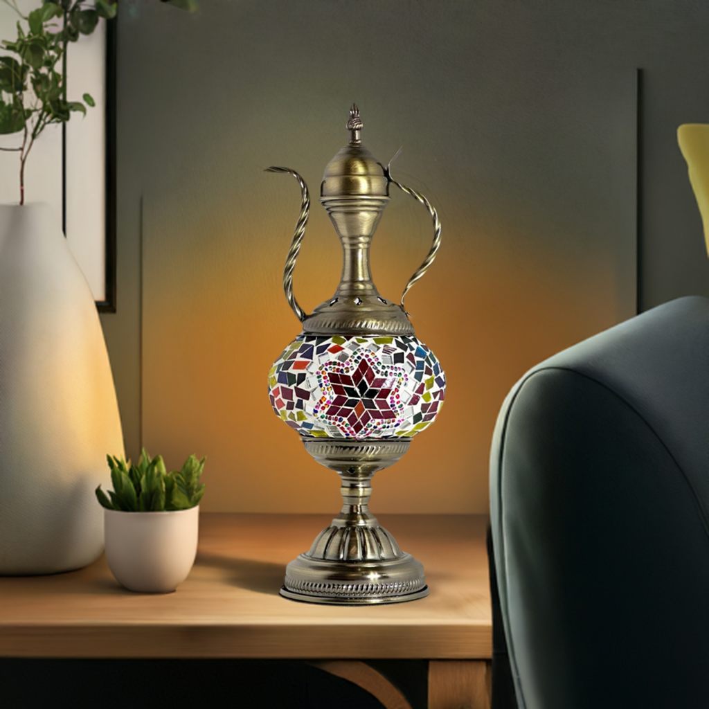 Crimson Elegance mosaic glass table lamp — on a nightstand