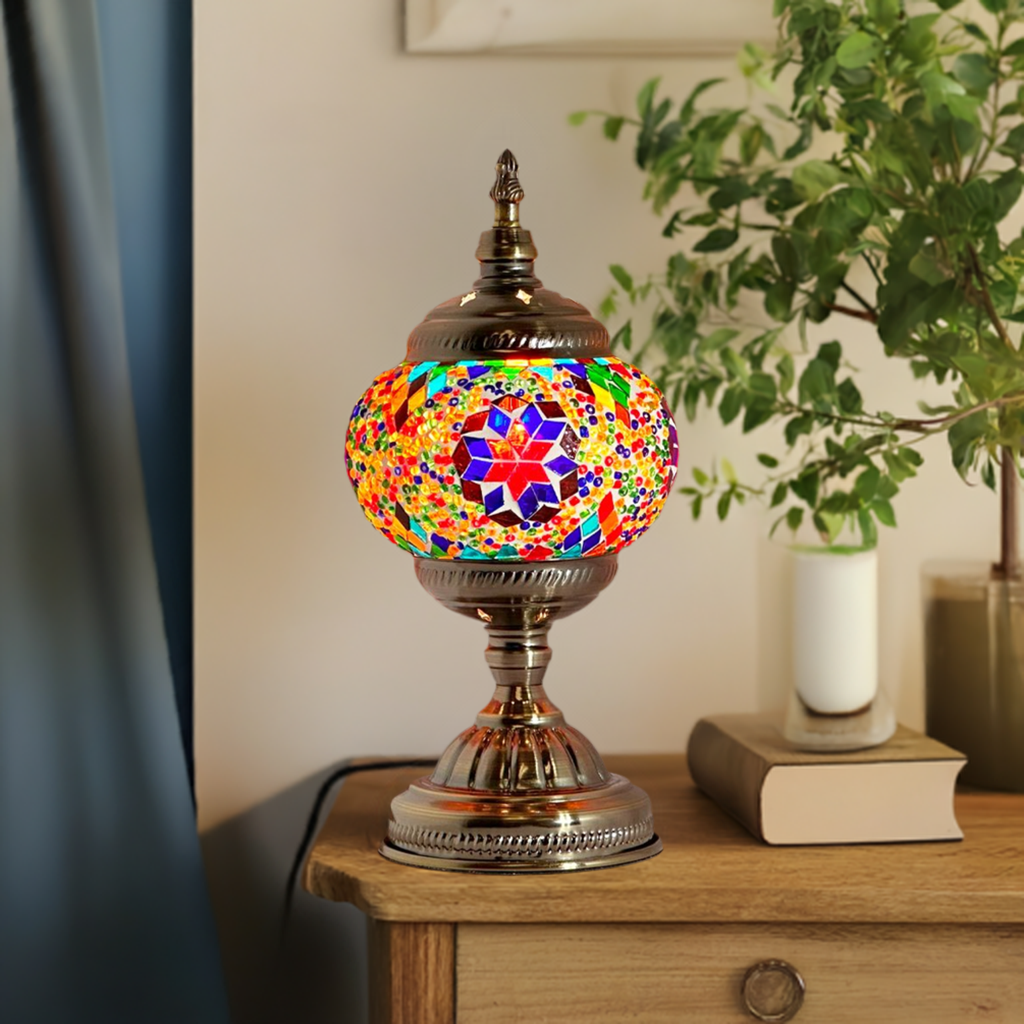 Purple Aurora mosaic glass table lamp — glowing in a styled room