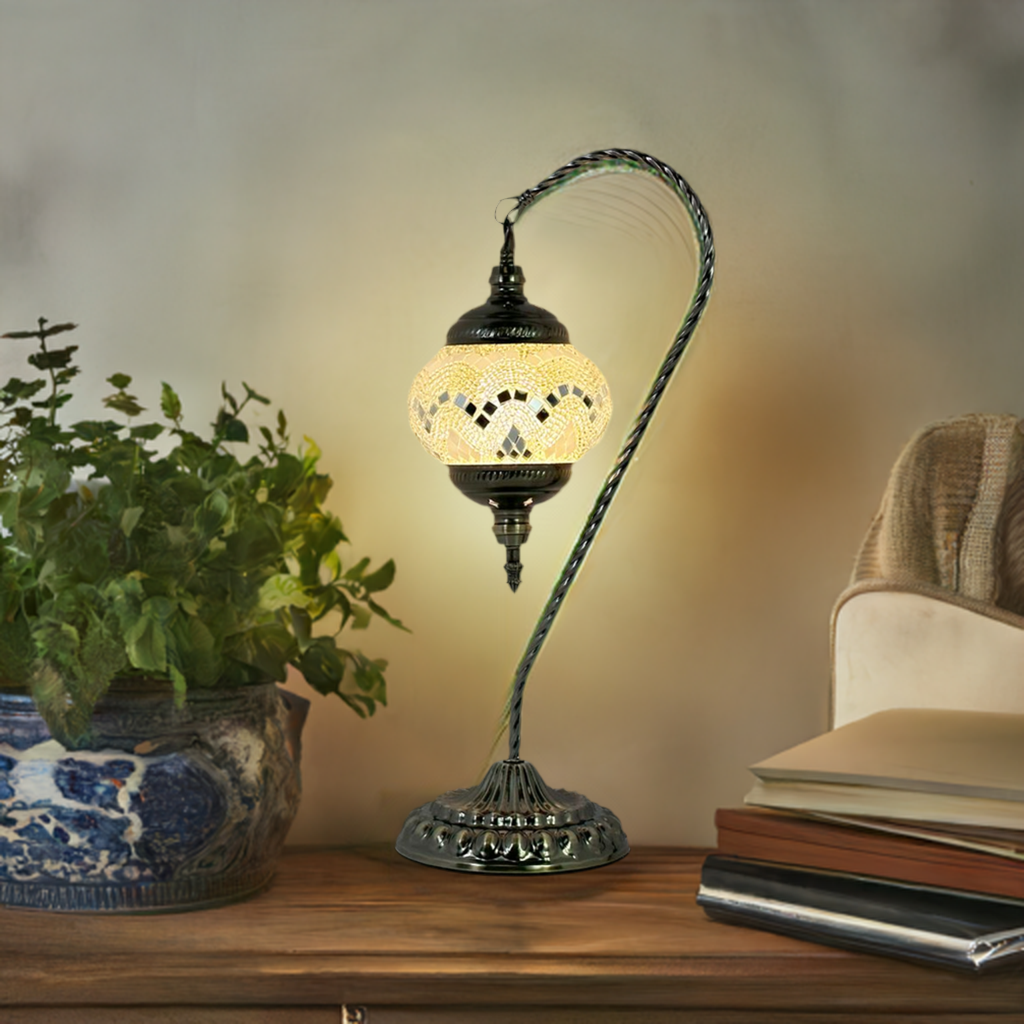 Soft Moonlight: Swan Neck Handmade Mosaic Turkish Table Lamp