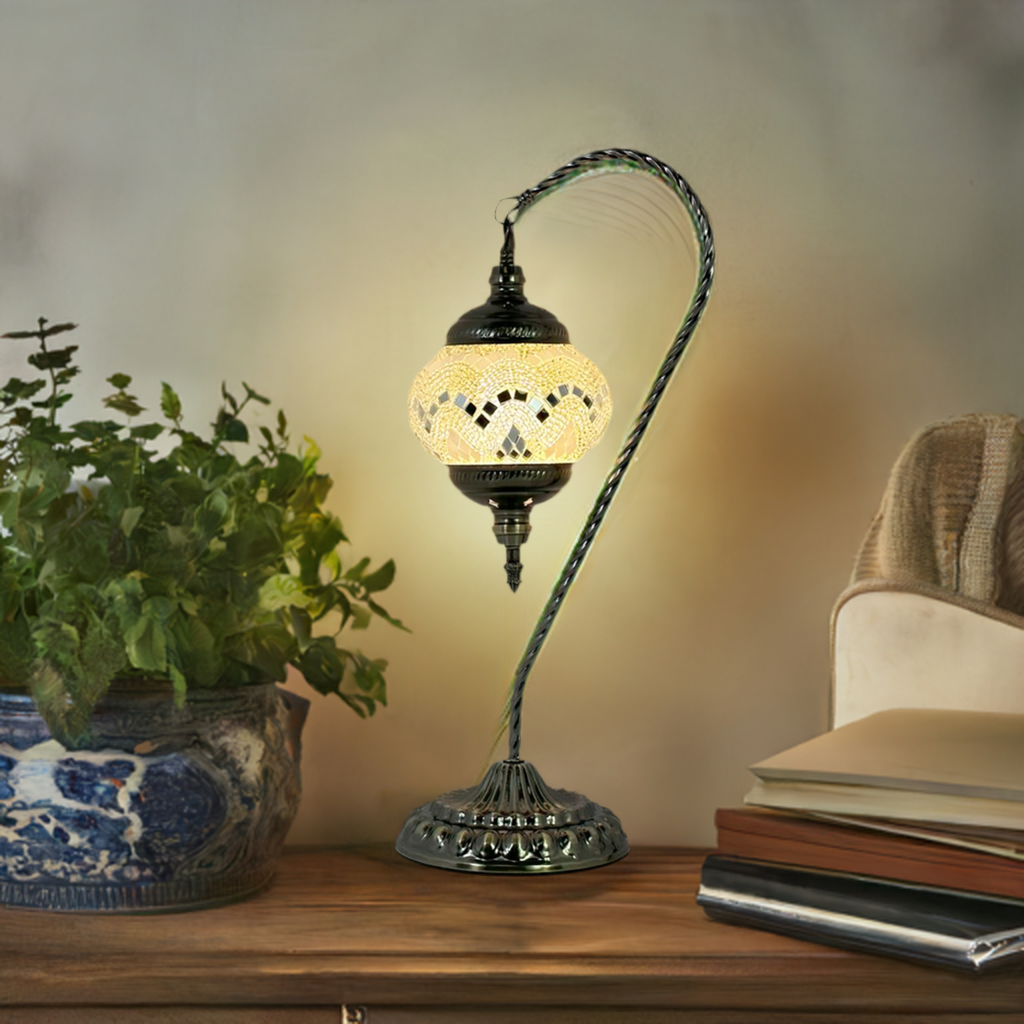 Soft Moonlight mosaic glass table lamp — glowing in a styled room