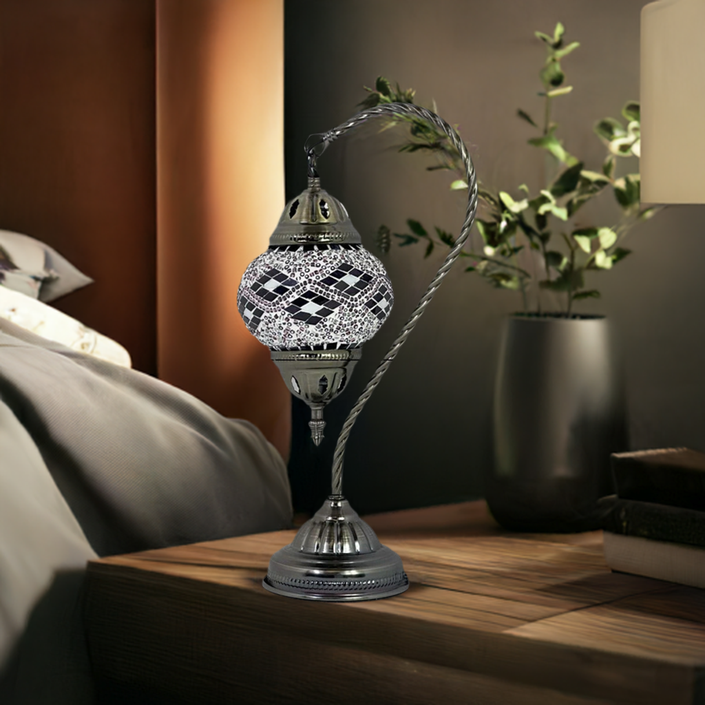 Lavender Whisper mosaic glass table lamp — on a nightstand