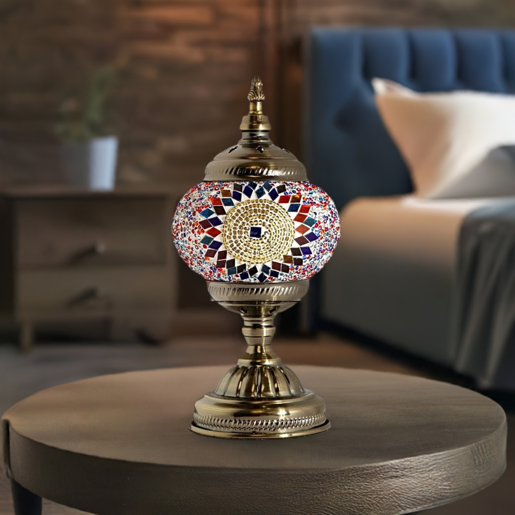 Prismatic Fantasy mosaic glass table lamp — on a nightstand