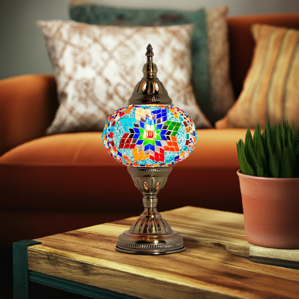 Coral Reef Inspired Bedside Mosaic Lamp with Colorful Glasse mosaic glass table lamp — glowing in a styled room
