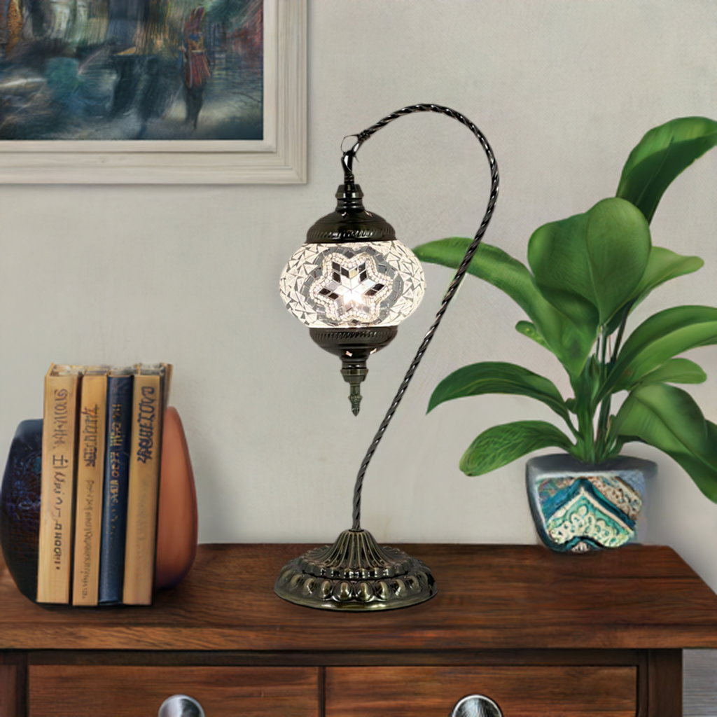 Moonlight Elegance mosaic glass table lamp — glowing in a styled room