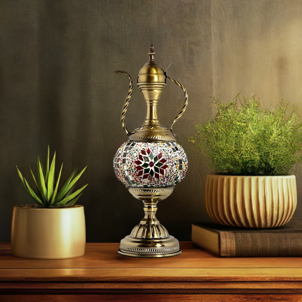 Vintage Green Turkish Lamp with Artisanal Pitcher Design mosaic glass table lamp — on a nightstand