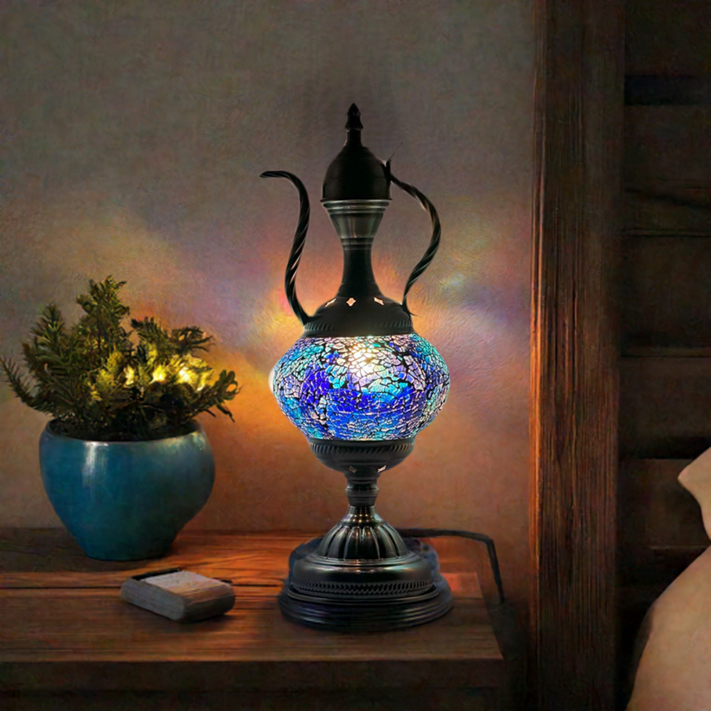 Vintage Elegance mosaic glass table lamp — glowing in a styled room