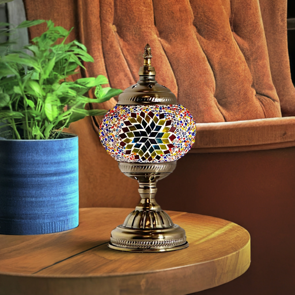 Kaleidoscope Dreams mosaic glass table lamp — on a nightstand