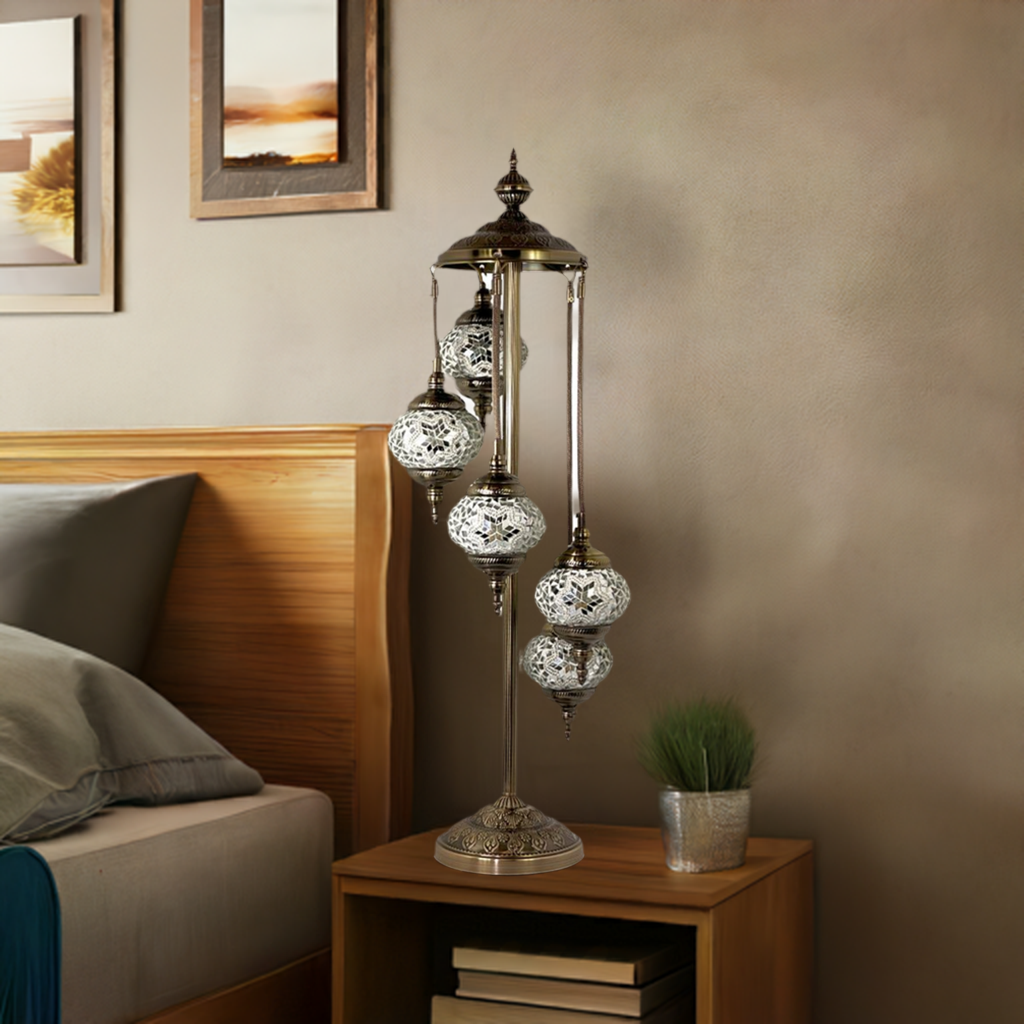 Lunar Glow mosaic glass table lamp — on a nightstand