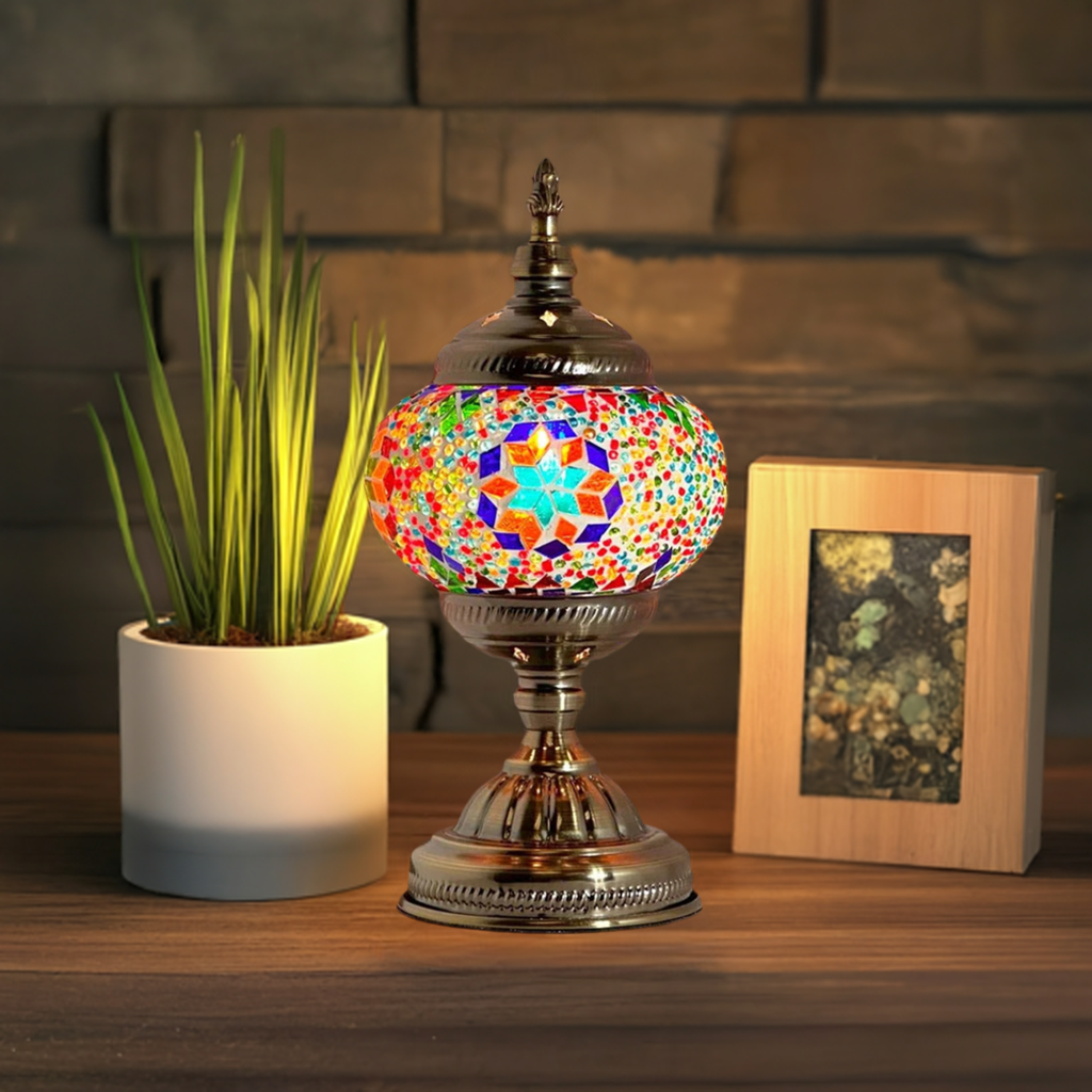 Retro Rainbow mosaic glass table lamp — glowing in a styled room