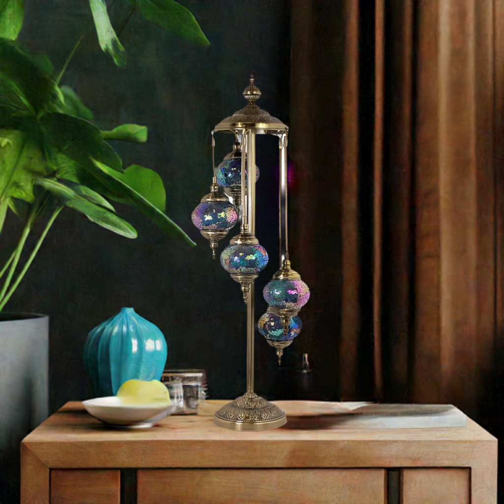 Deep Sea Blue Turkish Lamp with Quintuple Mosaic Globes mosaic glass table lamp — on a nightstand