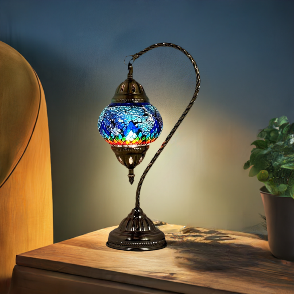 Turkish Atlantis Rainbow Lamp mosaic glass table lamp — glowing in a styled room