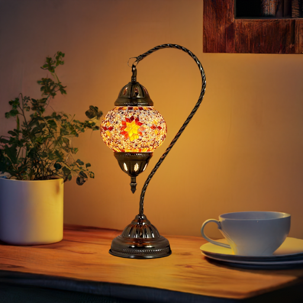 Sunset Glow mosaic glass table lamp — glowing in a styled room
