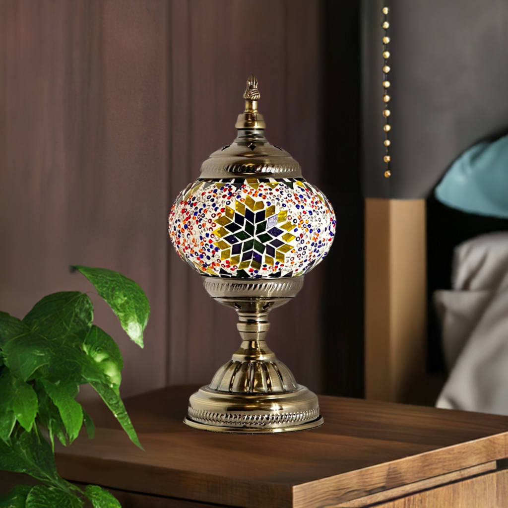 Sunset Aura mosaic glass table lamp — on a nightstand