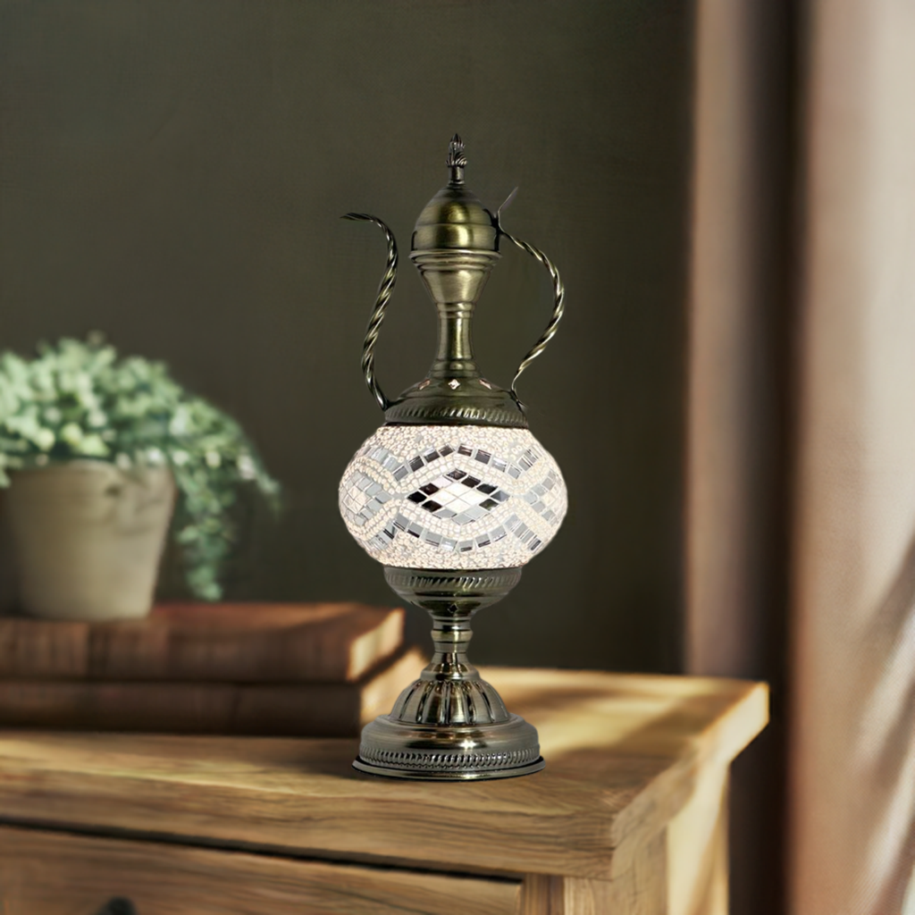Silvery Serenity mosaic glass table lamp — glowing in a styled room