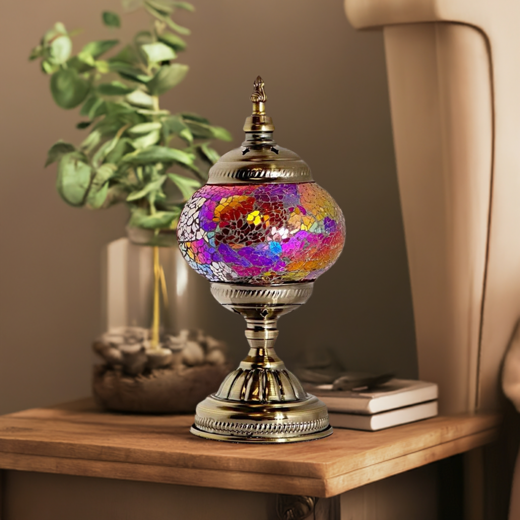 Ruby Radiance mosaic glass table lamp — on a nightstand
