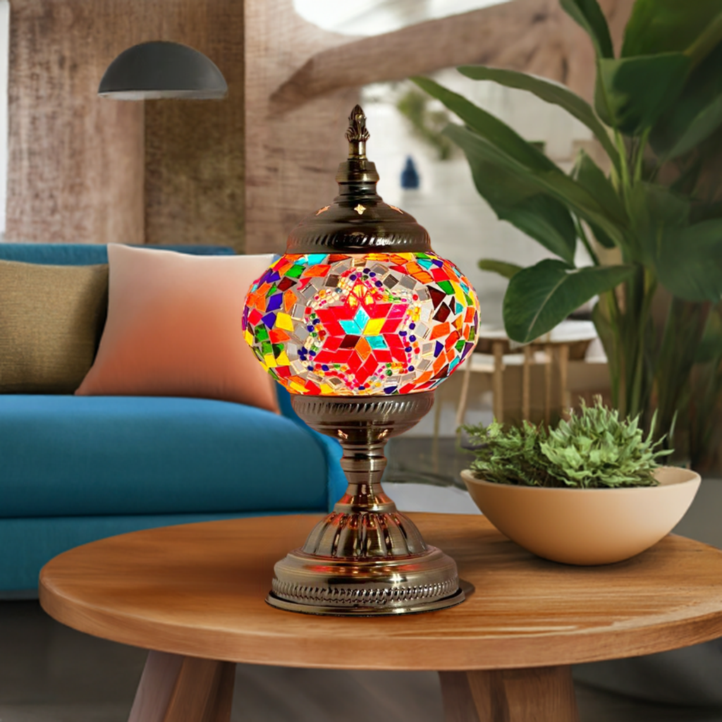 Crimson Cascade mosaic glass table lamp — glowing in a styled room