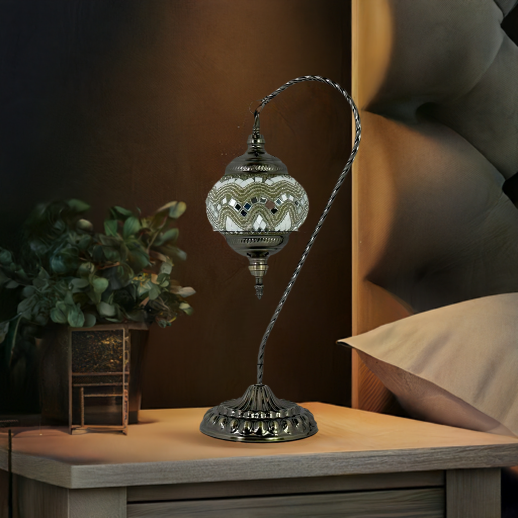 Soft Moonlight mosaic glass table lamp — on a nightstand