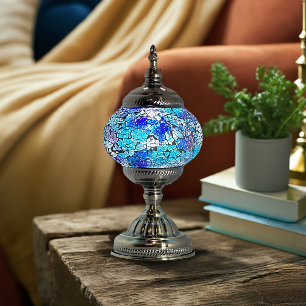 Round Mosaic Lamp with Blue Lavender Motif - Tranquil Lighting