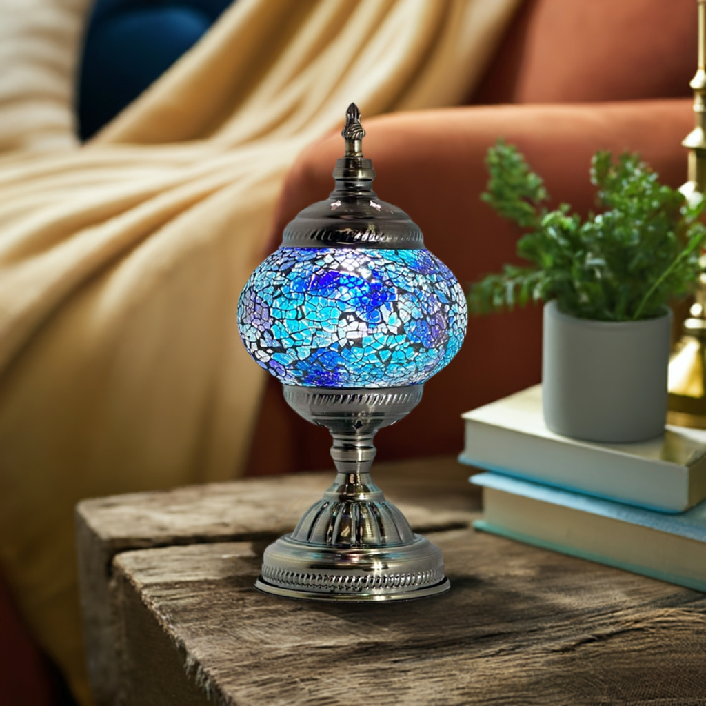 Round Mosaic Lamp with Blue Lavender Motif mosaic glass table lamp — glowing in a styled room